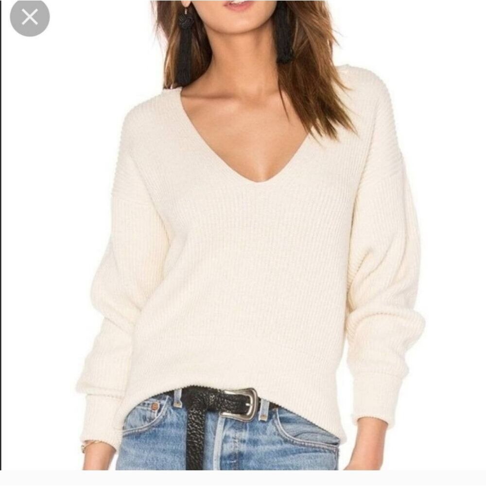 Free People Beach Ribbed V-neck Sweater Tunic Lightweight in Cream Ivory